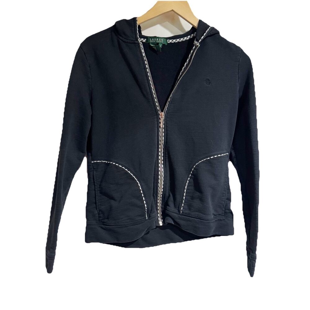 Lauren Ralph Lauren women’s size medium black zip up hoodie checkered trim